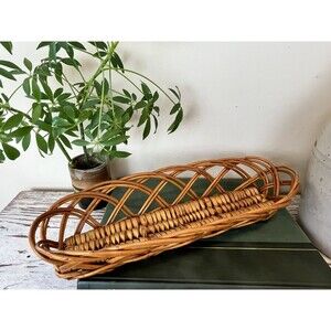 Vintage MCM Woven Rattan Baguette Bread Basket Rustic Kitchen Decor 15”Country
